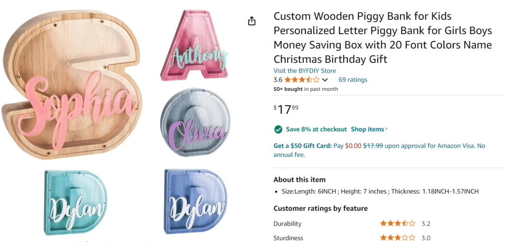 personalized piggy bank screenshot from Amazon