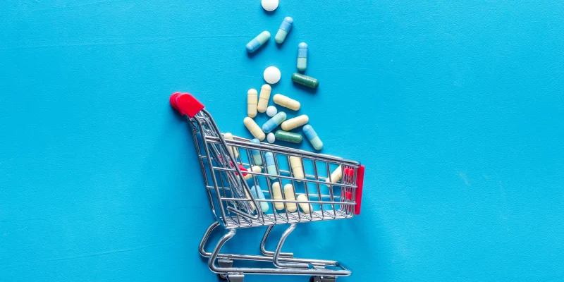 Grocery cart with pills and medicine