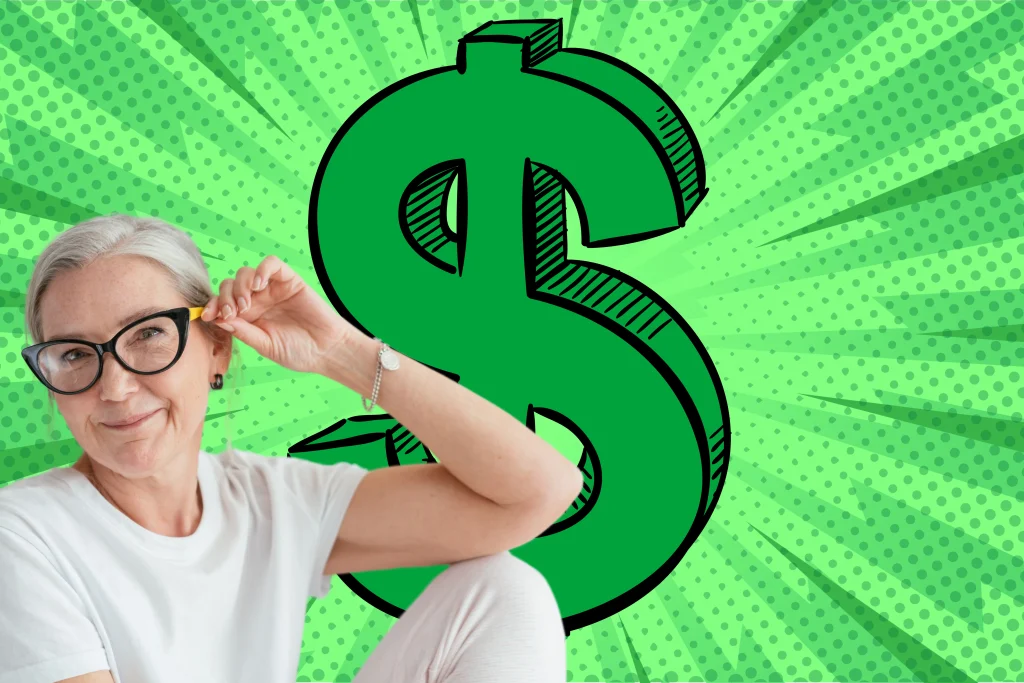 senior woman sitting in front of green pop art background and dollar sign