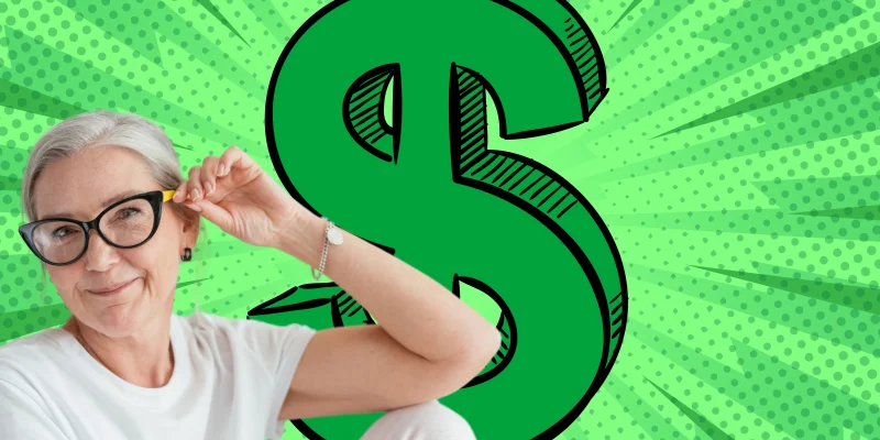 senior woman sitting in front of green pop art background and dollar sign