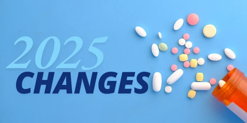 2025 medicare changes on blue background with prescription pills nearby