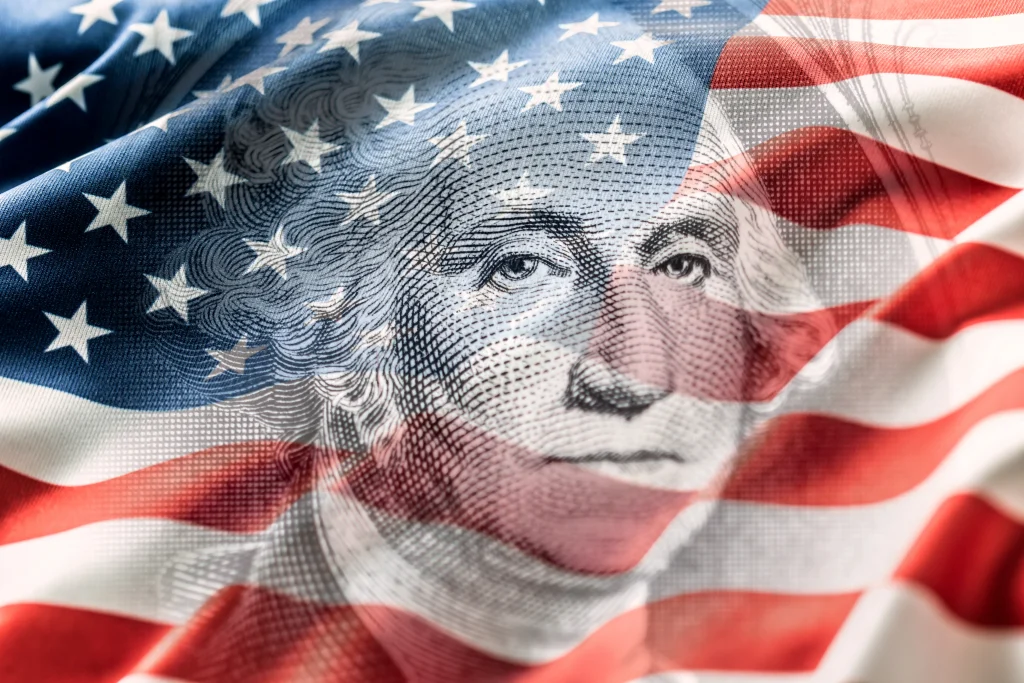 Composition of the American Flag with a portrait of George Washington on a one-dollar bill. Concept of money, independence, election, culture or American currency, Social Security