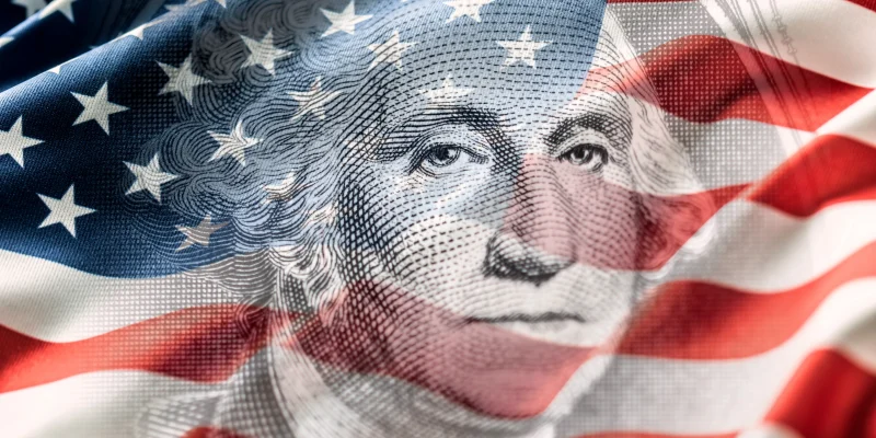 Composition of the American Flag with a portrait of George Washington on a one-dollar bill. Concept of money, independence, election, culture or American currency, Social Security