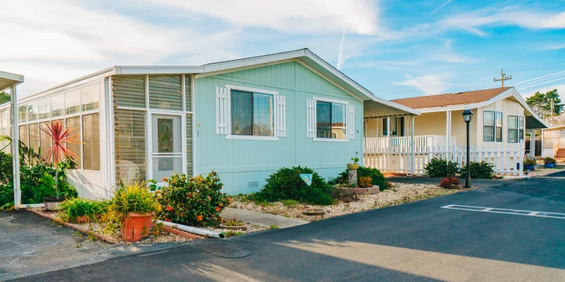 Mobile home park, age-restricted (55+) community in small beach town in California. Architecture, street view