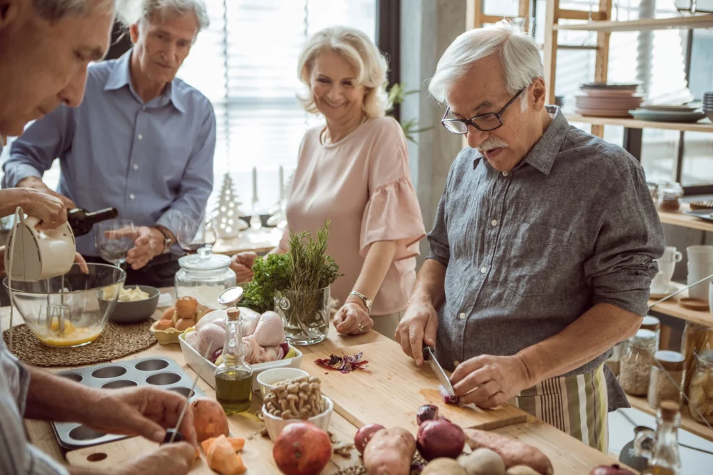 senior friends cooking 