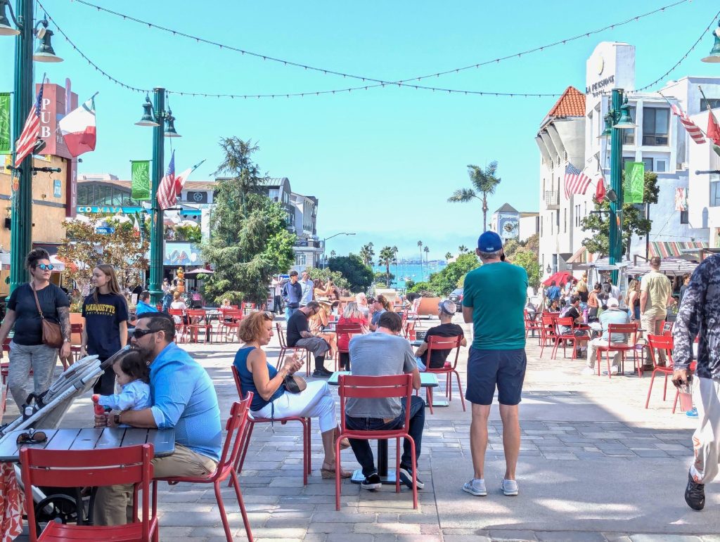 Piazza Della Famiglia, Little Italy's main piazza, offers views of San Diego Bay and is dedicated to families past, present and future. Photo courtesy of Athena Lucero.