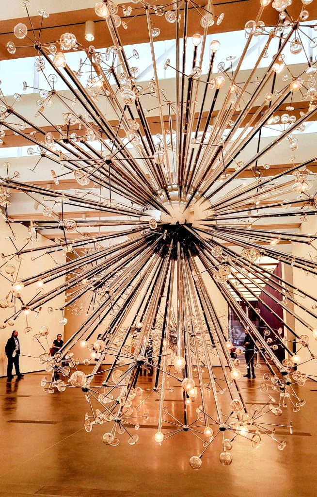 Josiah McElheny's elegant "Island Universe" at the Los Angeles County Museum of Art consists of large star-burst light sculptures. Photo courtesy of Jim Farber. 