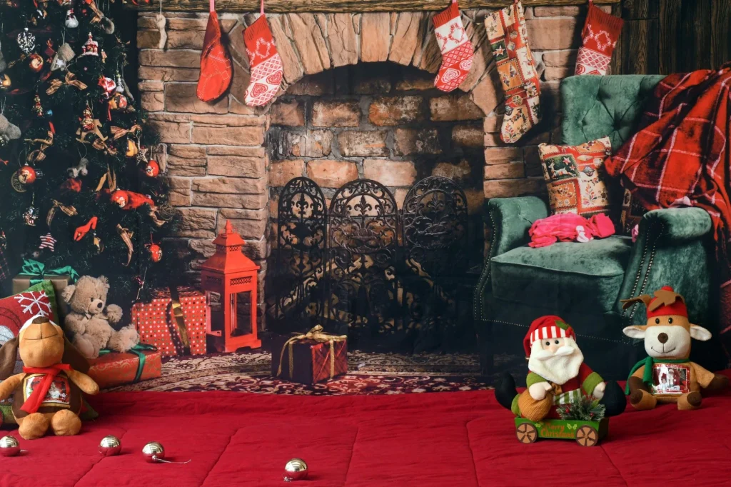 vintage christmas fireplace and decorations
