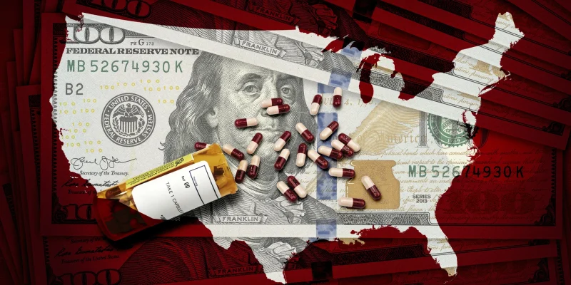 RX pharmacy prescription bottle of pills on a pile of $100 dollar bills and a USA outline
