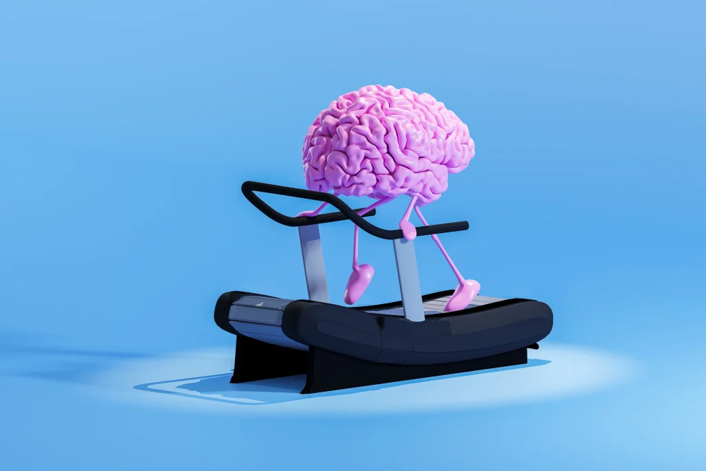 3D Illustration of pink human brain running on treadmill belt. Training your brain and mental health concept.