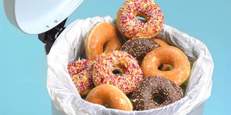 throwing donuts in a garbage can with a blue plain background, kicking sugar cravings