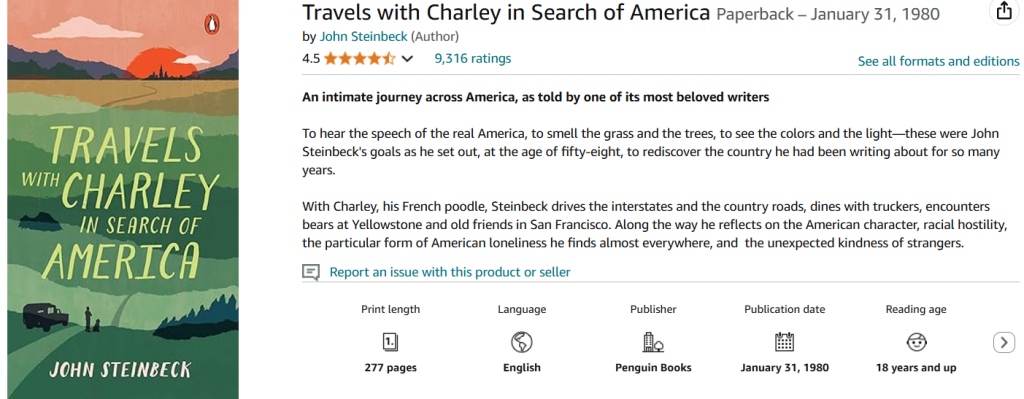 "Travels With Charley" by John Steinbeck (Viking) screenshot from Amazon.com