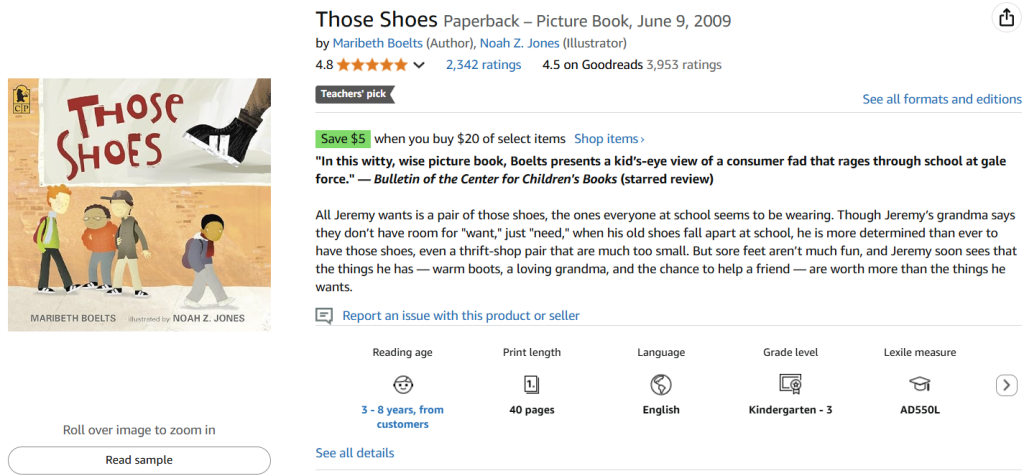"Those Shoes," by Maribeth Boelts screenshot from Amazon
