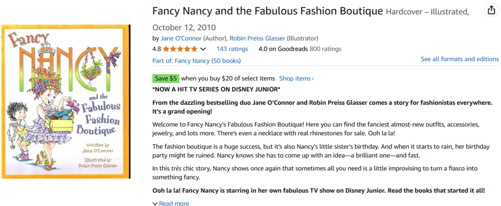 "Fancy Nancy and the Fabulous Fashion Boutique," by Jane O'Connor Amazon screenshot