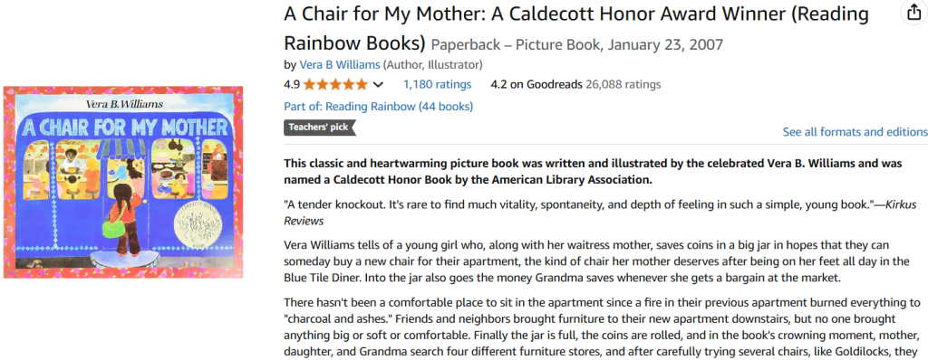 "A Chair for My Mother," by Vera B. Williams Amazon screenshot