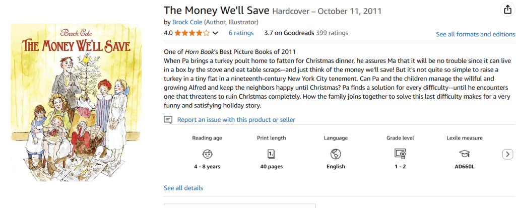 "The Money We'll Save," by Brock Cole Amazon screenshot