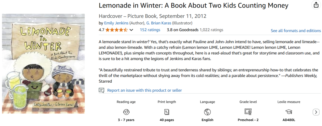 "Lemonade in Winter: A Book About Two Kids Counting Money," by Emily Jenkins Amazon screenshot