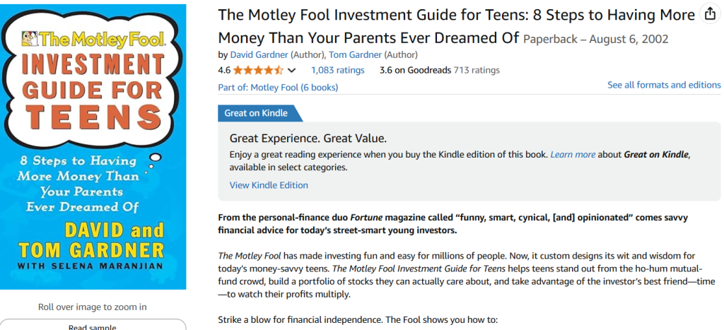 "The Motley Fool Investment Guide for Teens: 8 Steps to Having More Money Than Your Parents Ever Dreamed Of," by David and Tom Garner Amazon screenshot
