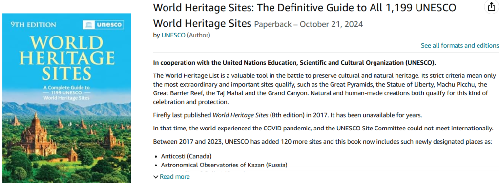 "UNESCO Heritage Sites: The Definitive Guide to All 1,199 UNESCO World Heritage Sites, 9th Edition," in cooperation with the United Nations Education, Scientific and Cultural Organization (Firefly Books) screenshot from Amazon.com