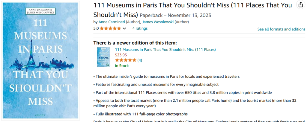 "111 Museums in Paris That You Shouldn't Miss" by Anne Carminati and James Wesolowski (Emons Publishers) screenshot from Amazon.com