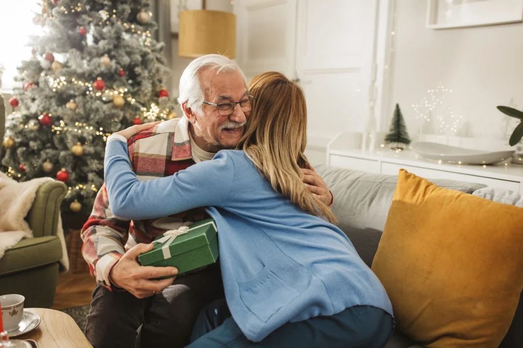hugging man on christmas