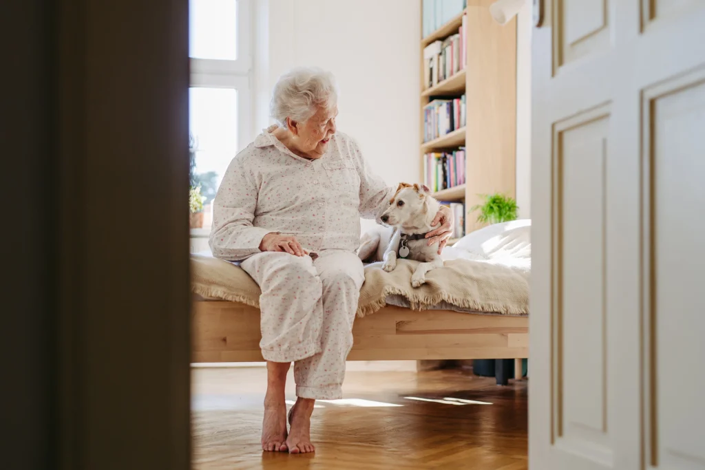 Elderly woman in pyjamas sitting on bed, petting her dog. Cute dog lying on bed by elderly owner