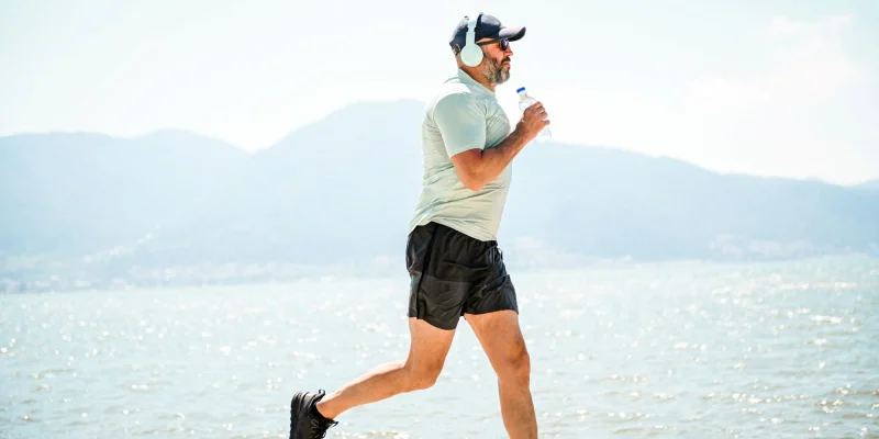 race walking senior man wearing headphones outside