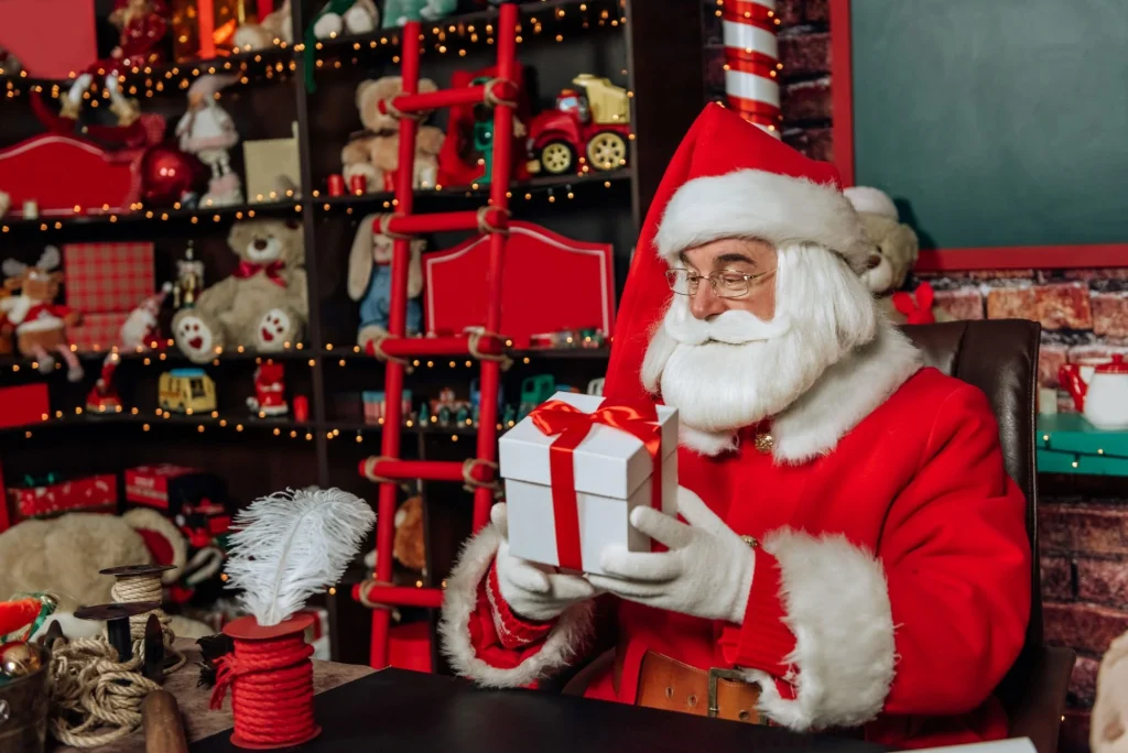 wrapping presents in a toy store santa claus