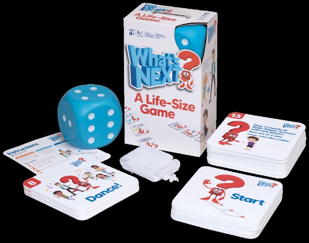 What's Next? A Life-Size Game with waterproof cards and a giant dice where kids are the game pieces makes a great activity for camping and outdoor play. Photo courtesy of M&J Games.