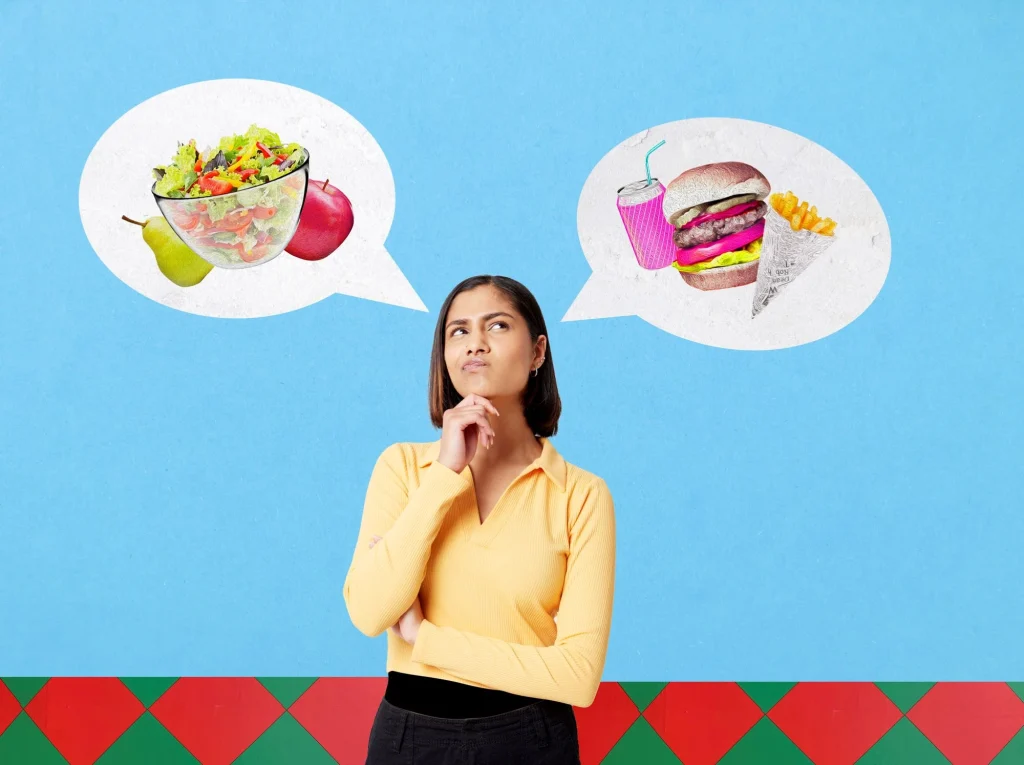 lady thinking about meals healthy or unhealthy dietary decline