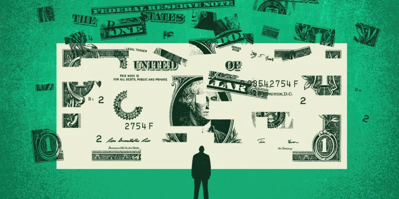 man looking at dollar bill breaking apart symbolizing money gap