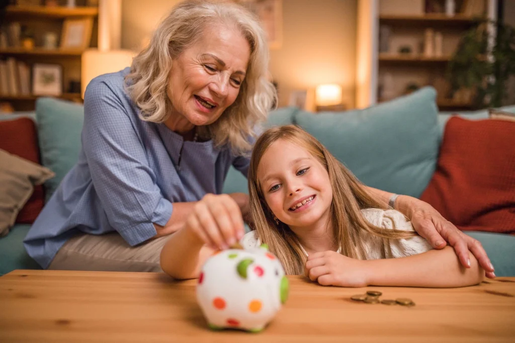a grandma putting a coin in a piggy bank little girl