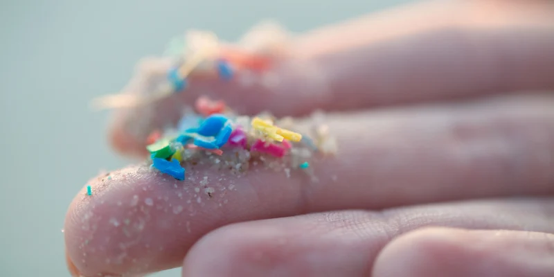 Researcher holding small pieces of micro plastic pollution washed up on a beach - stock photo
