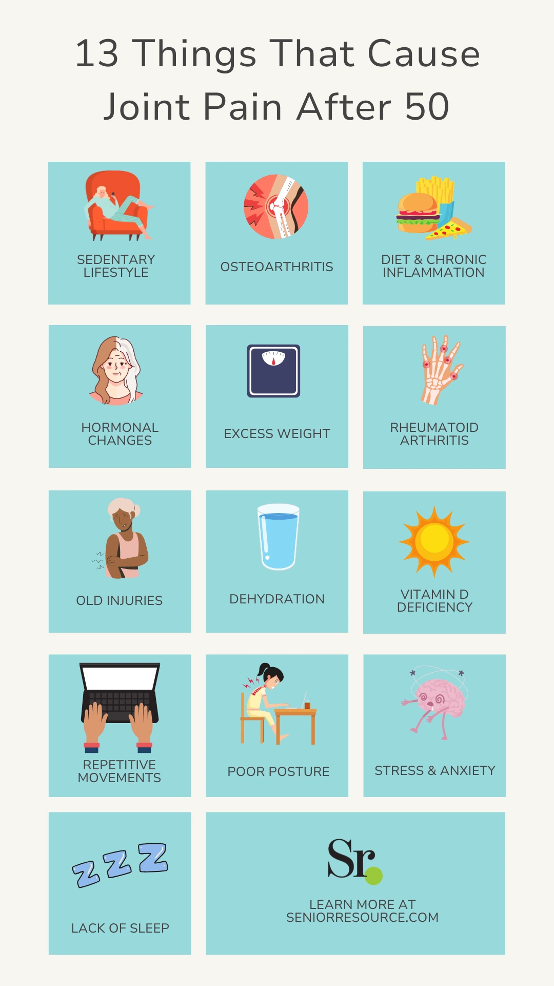 13 Things That Cause Joint Pain After 50 infographic by senior resource