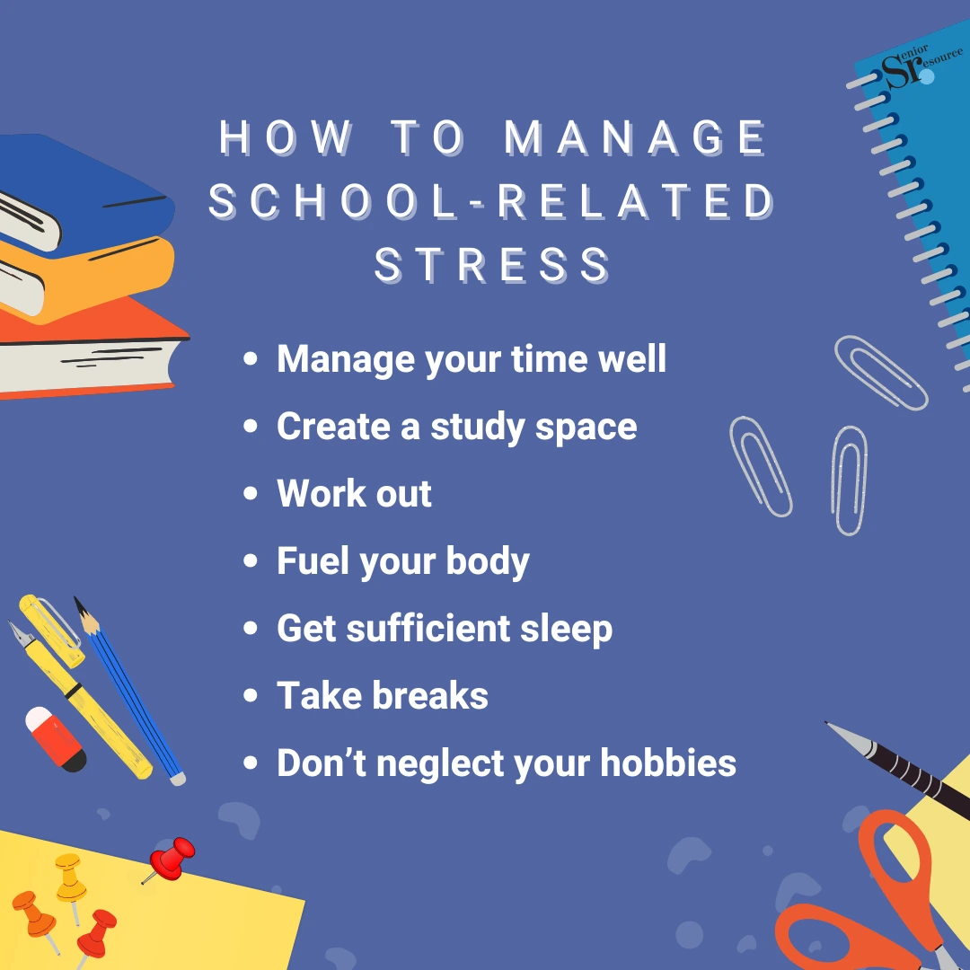 how to manage school-related stress - infographic about managing school-related stress helpful information for older adults and seniors looking for lifelong learning opportunities, original infographic by senior resource