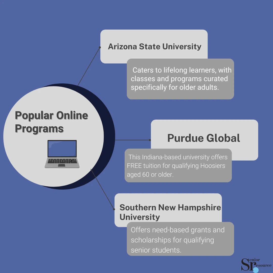 Popular Online Programs - infographic about popular online college programs that accept senior learners and older adults interested in lifelong learning by senior resource