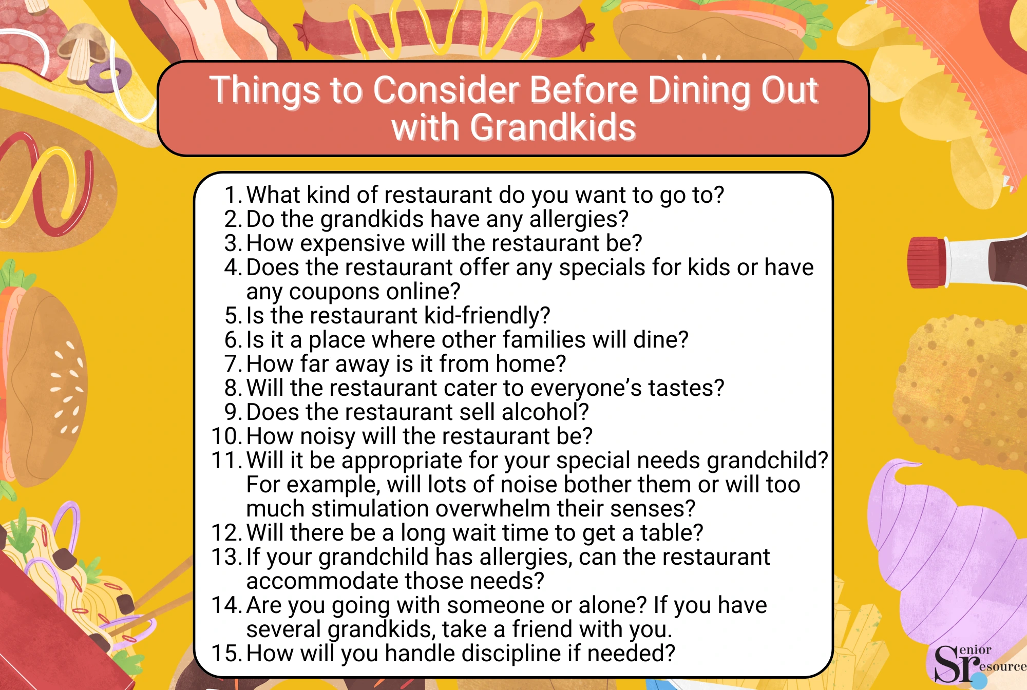 Things to Consider Before Dining Out with Grandkids - infographic things to consider before dining out with grandkids, information about dining for seniors, infographic by senior resource
