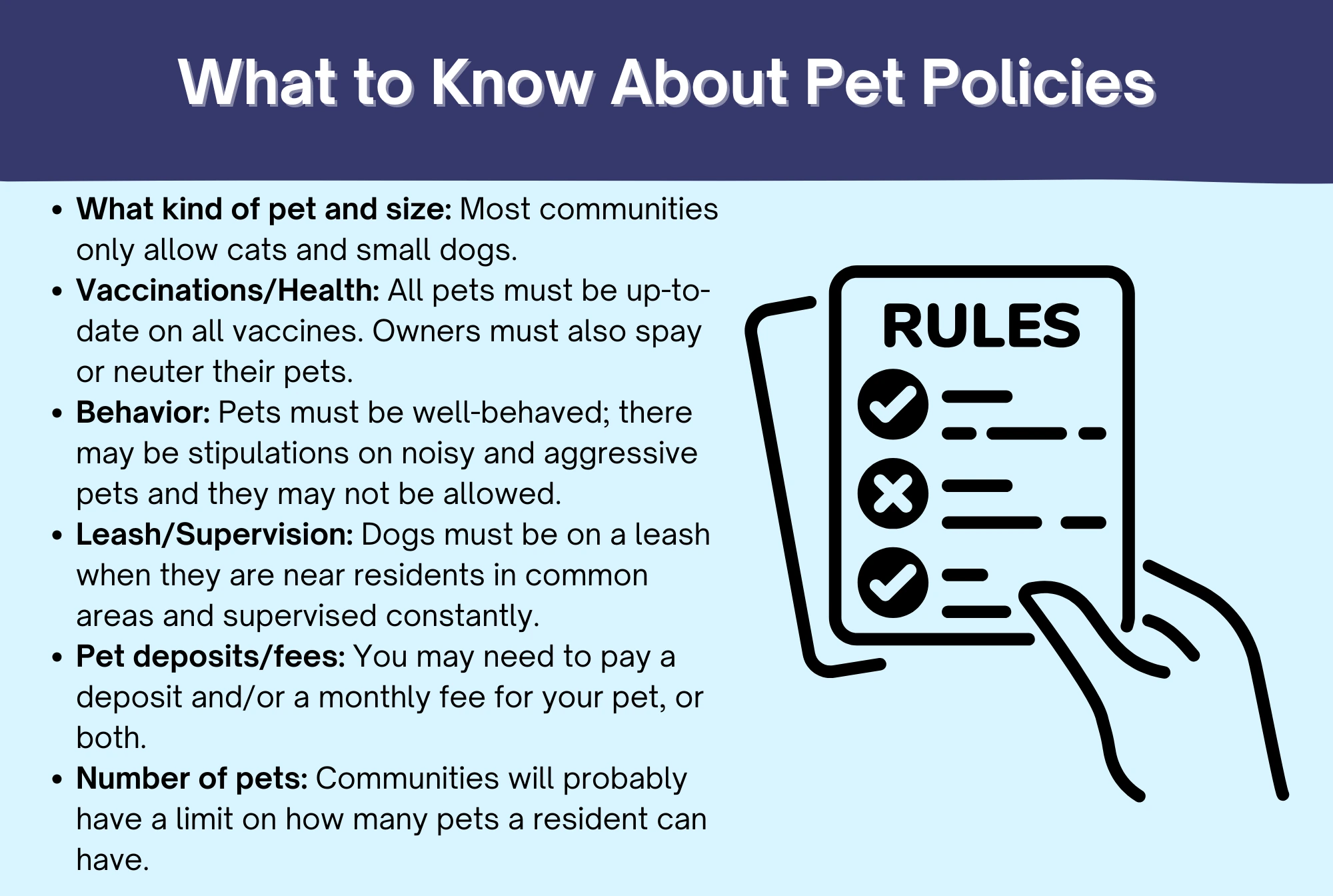What to Know About Pet Policies infographic by senior resource about pet policies