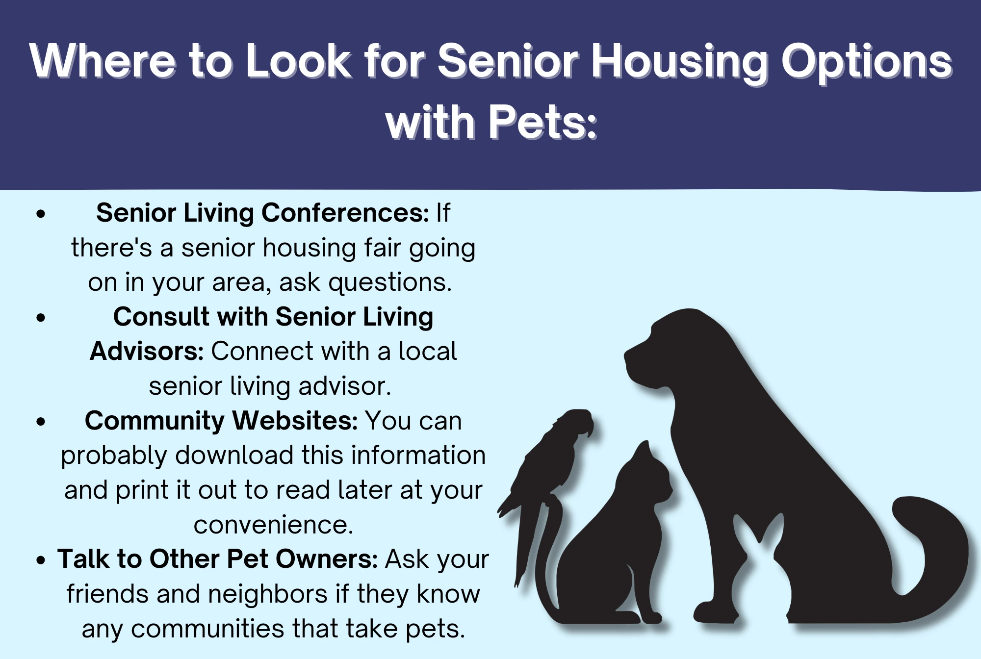 Where to Look for Senior Housing Options with Pets infographic by senior resource about pets and pet policies