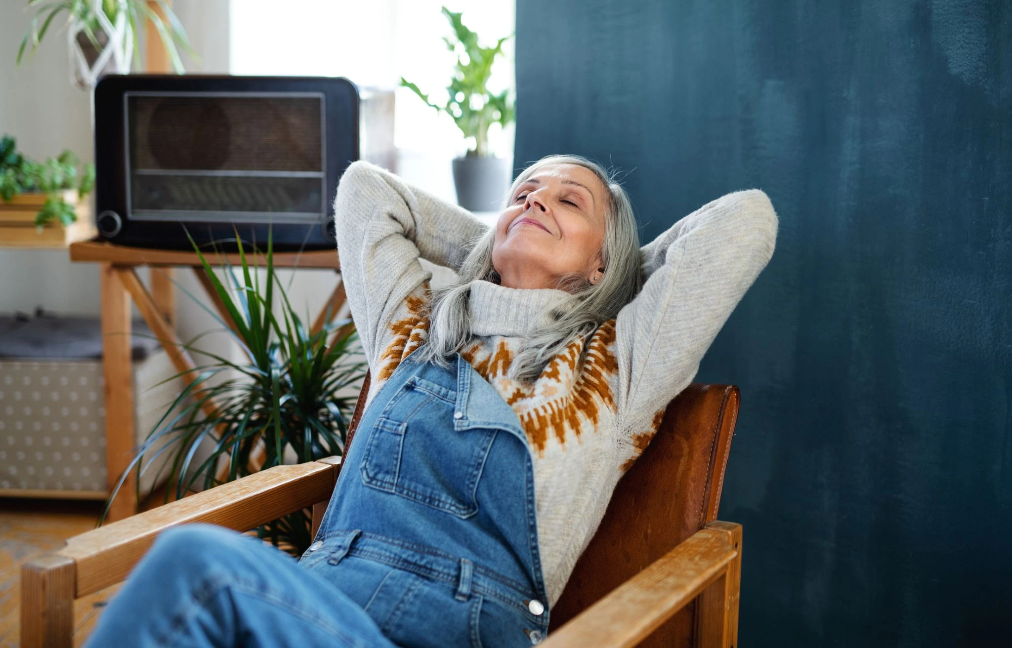 relaxed lady in overalls retirement